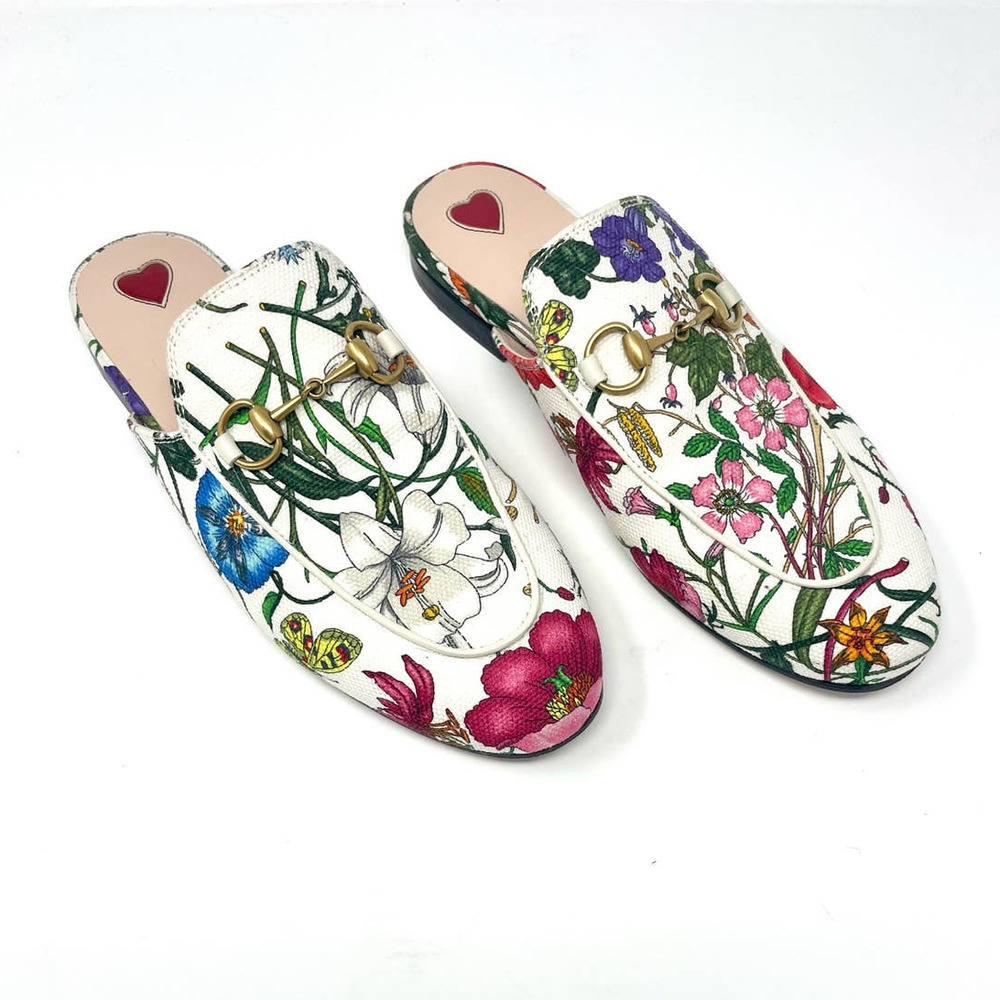 Gucci Princetown Mule Floral Canvas Slipper Loafer Slip On Horsebit Shoe EU 37